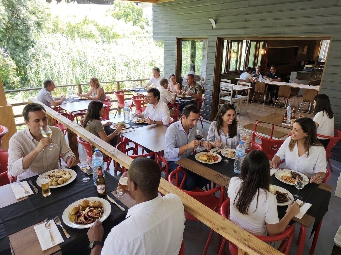Esplanada do O Faine cheia ao almoço, clientes a partilhar mesa com vista para o verde da Lage