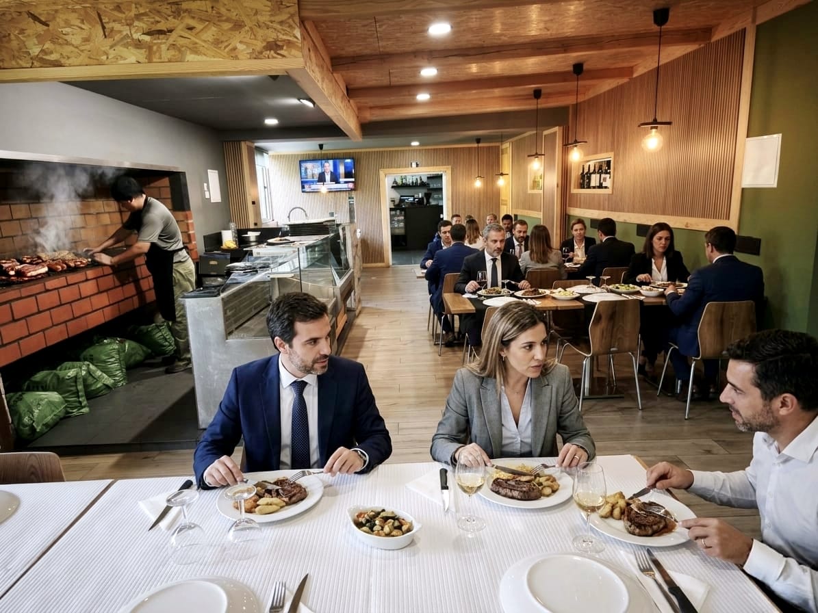 Sala do O Faine com churrasqueira a lenha, clientes a almoçar e ambiente acolhedor