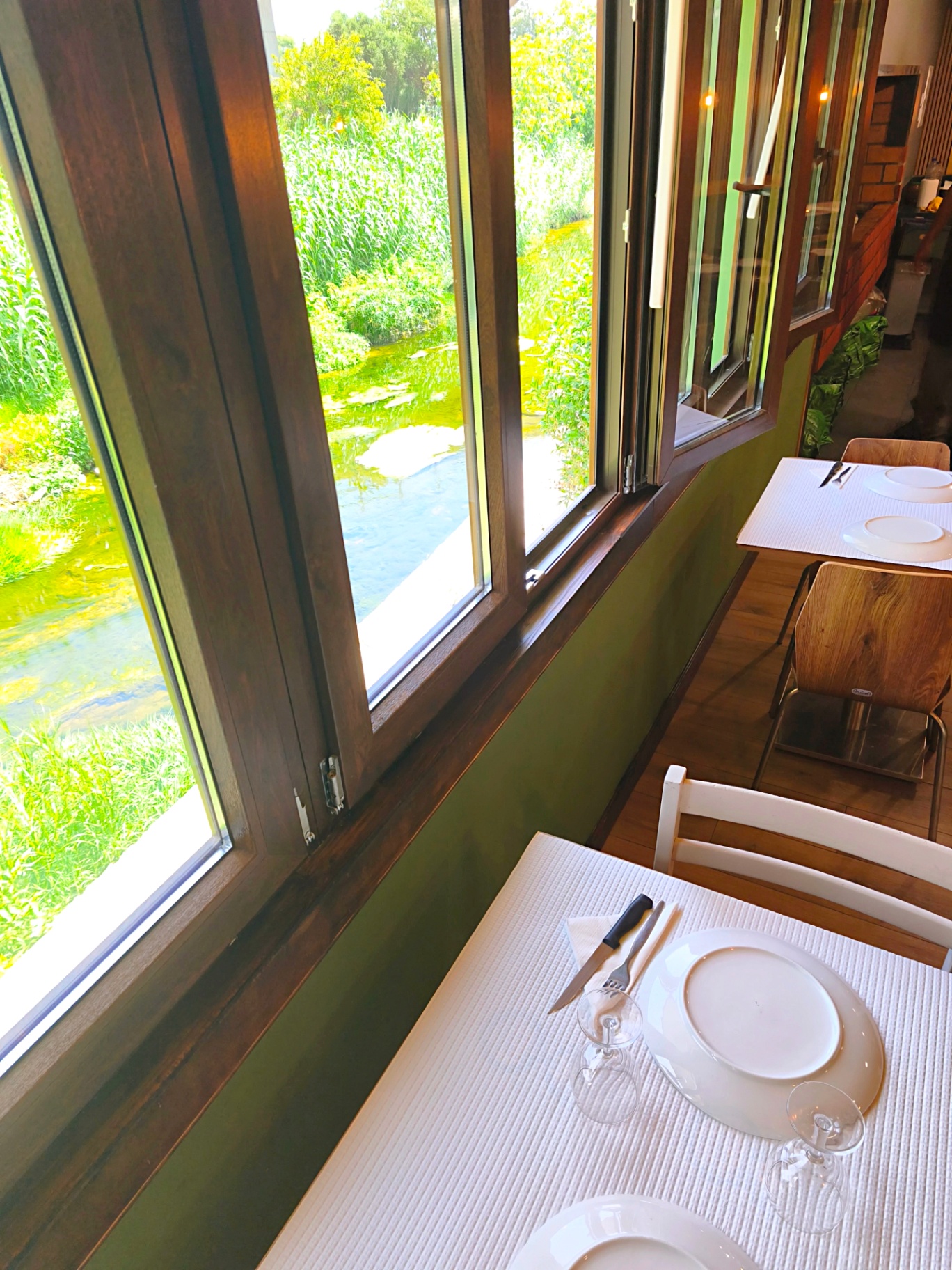 Vista da janela do O Faine para a Lage, com vegetação verde e água